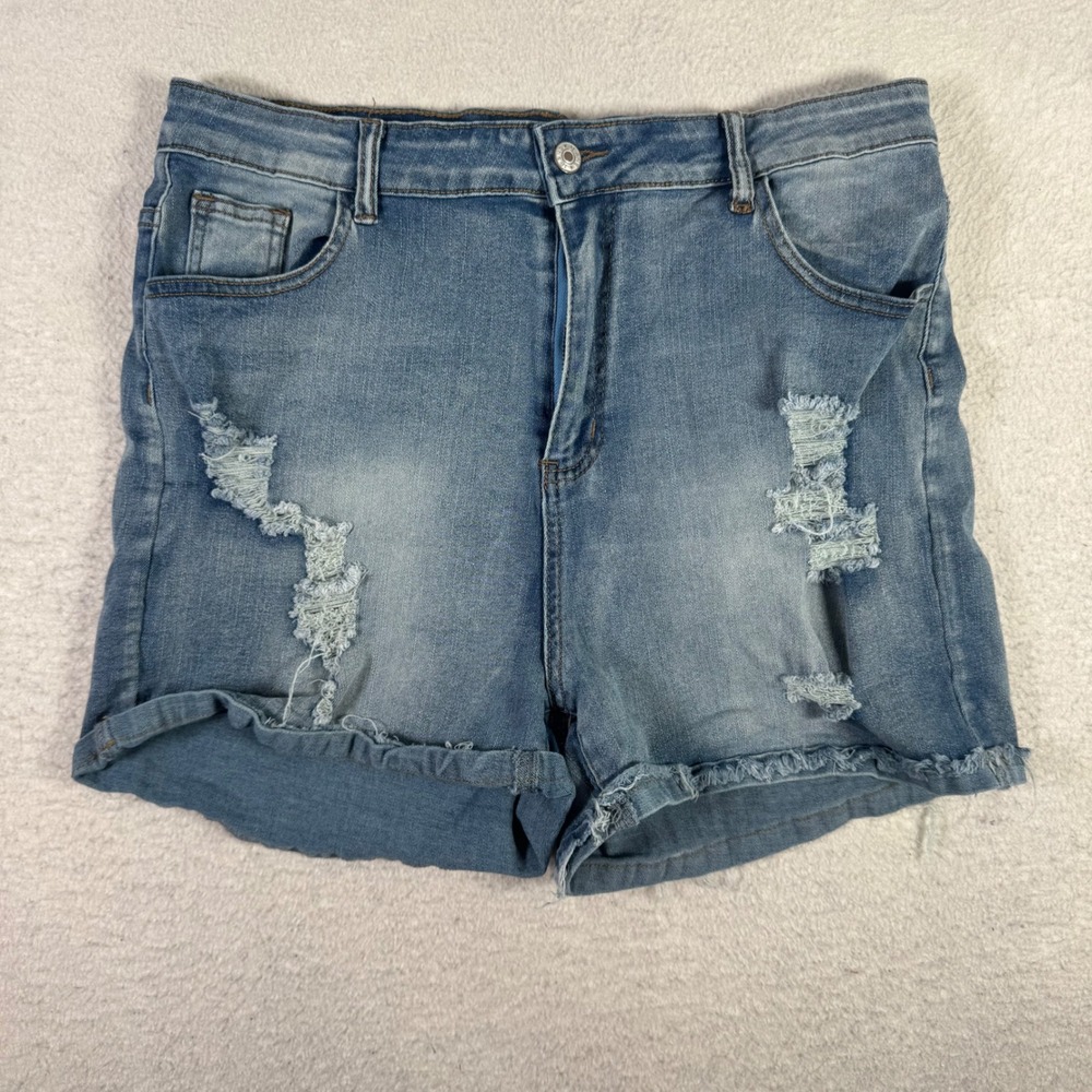 SHEIN Curve Denim Shorts Women 2XL Blue Excellent Distressed High Rise Frayed
